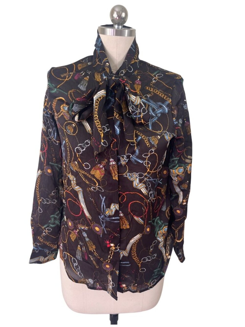 Catherine Malandrino Equestrian Old Money Blouse Womens PXS Brown Scarf Print